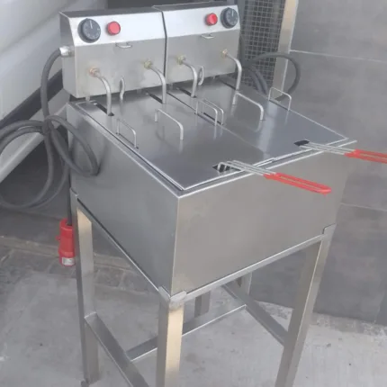 Freidora Eléctrica Industrial y Naval Doble de 30 Litros + Mueble de Acero Inoxidable
